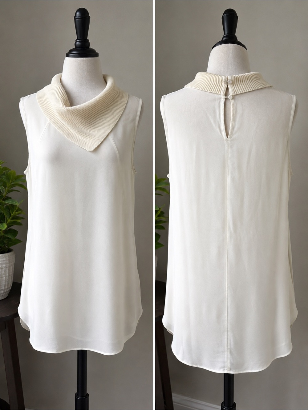 Emporio Armani 100% Silk Top Blouse Sleeveless Cowl Neck Ivory Cream IT 48 L